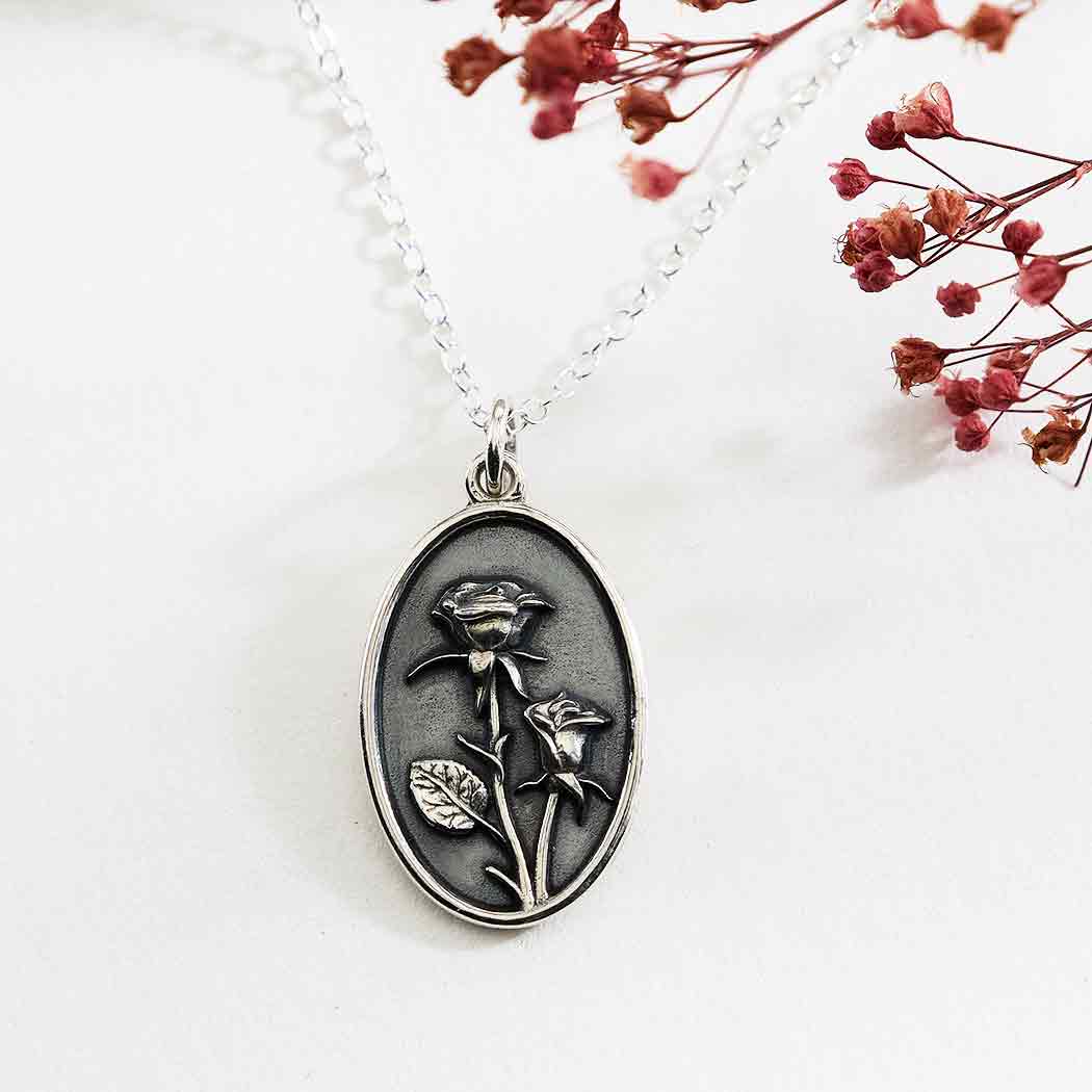 Sterling Silver Rose Birthflower Necklace - June - Poppies Beads N' More