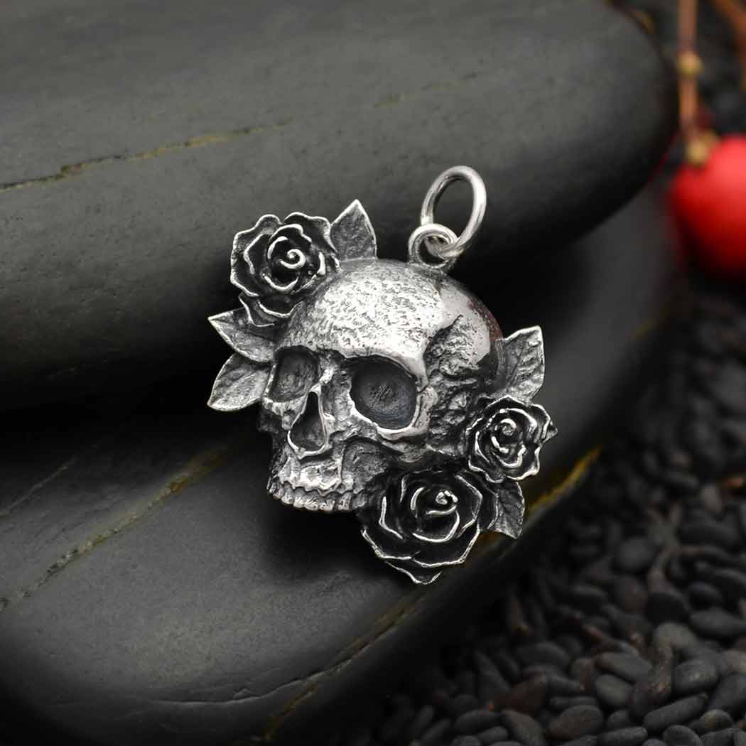 Sterling Silver Skull and Roses Pendant - Poppies Jewelry