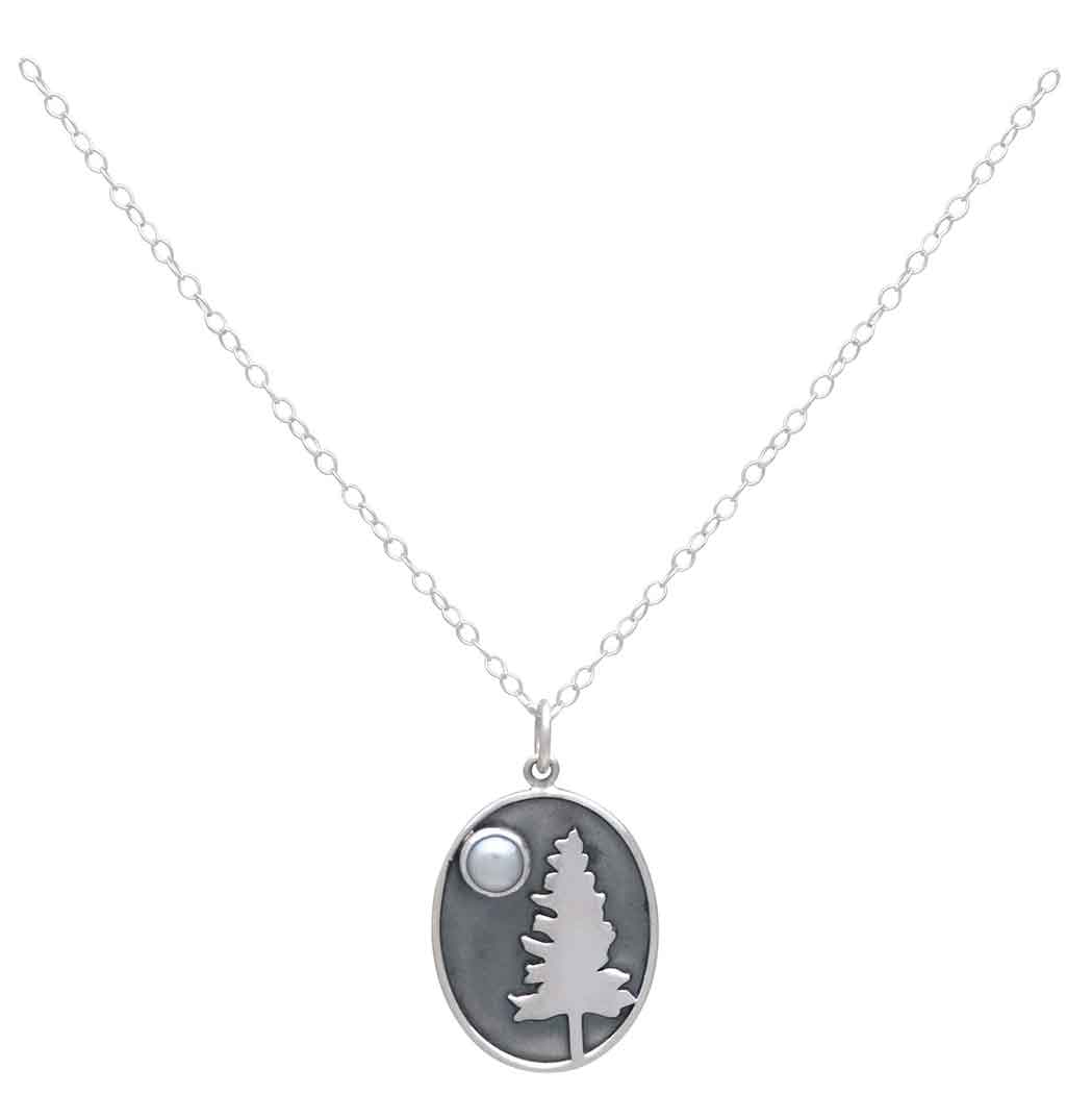 Sterling Silver Tree with Pearl Moon 18" Necklace