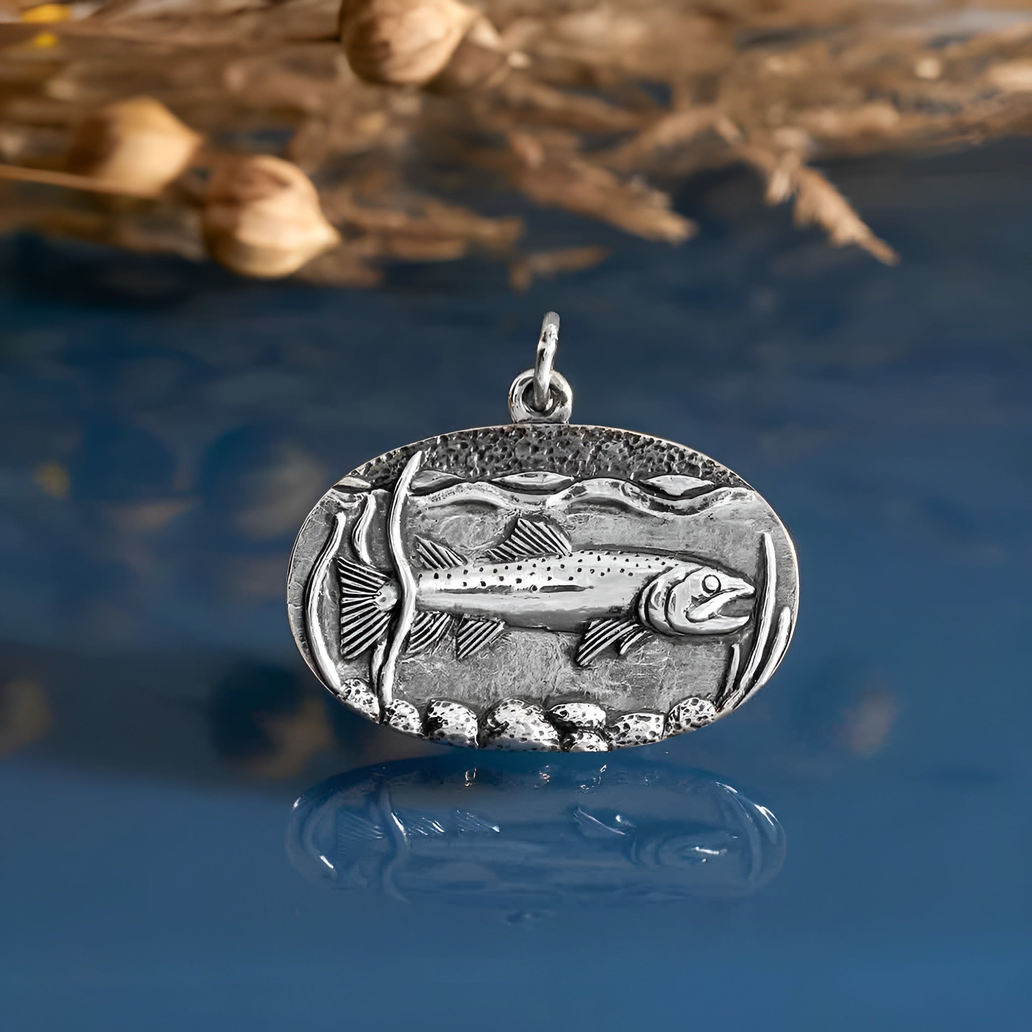 Sterling Silver Trout in Stream Pendant - Poppies Jewelry