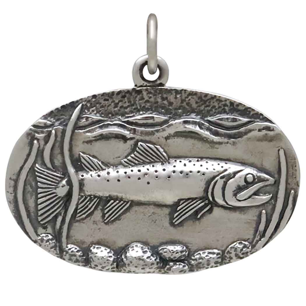 Sterling Silver Trout in Stream Pendant - Poppies Jewelry