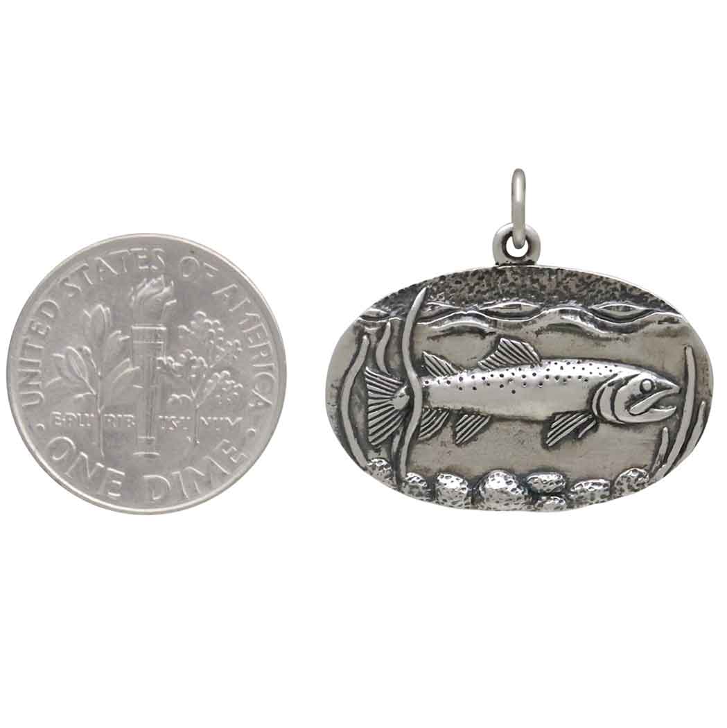 Sterling Silver Trout in Stream Pendant - Poppies Jewelry