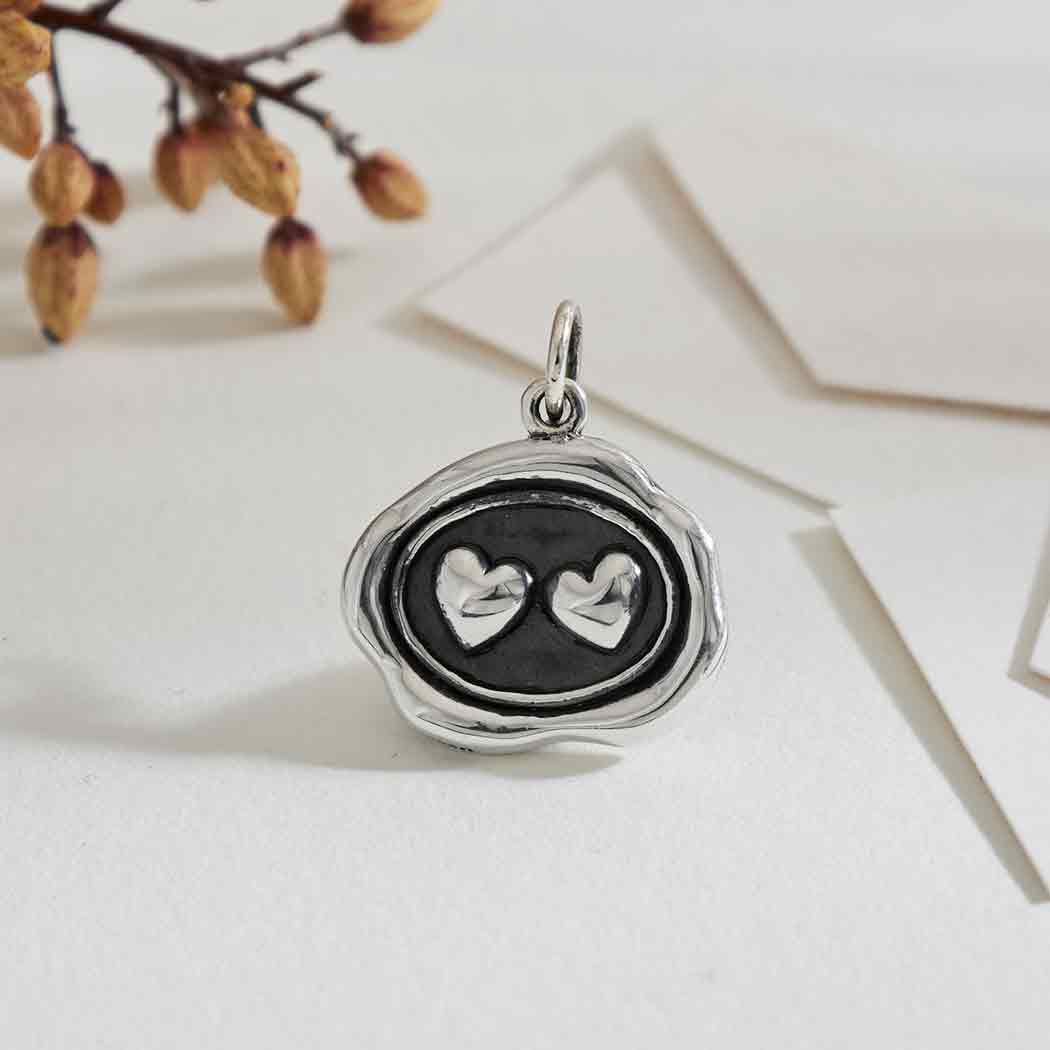 Sterling Silver Wax Seal Double Heart Charm