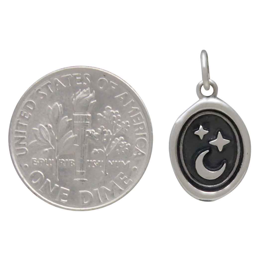 Sterling Silver Wax Seal Star and Moon Oval Charm