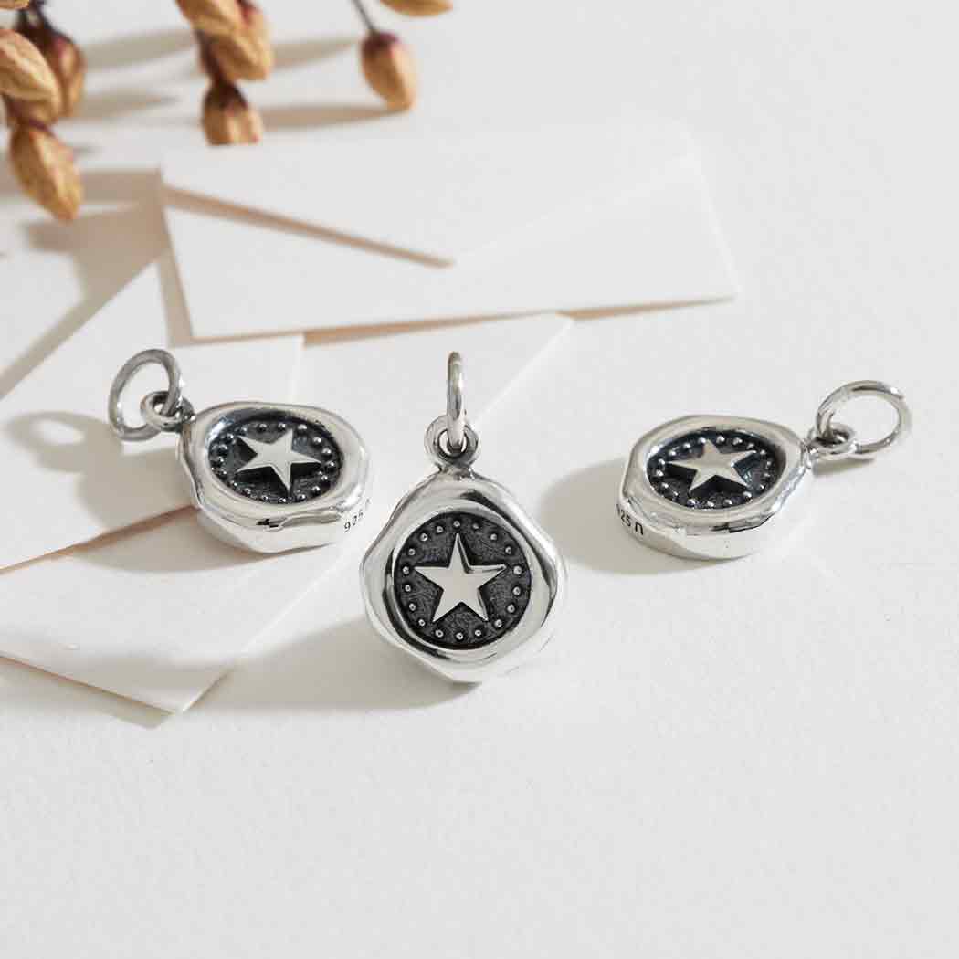 Sterling Silver Wax Seal Star Coin Charm - Poppies Beads N' More