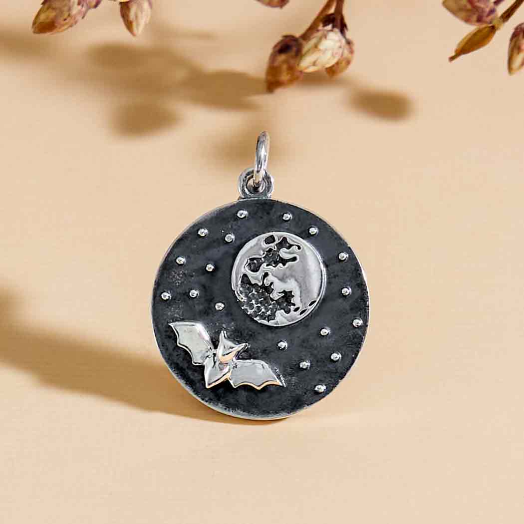 Sterling Silver Full Moon and Bat Charm - Poppies  Jewelry