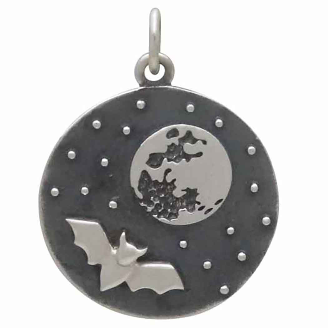 Sterling Silver Full Moon and Bat Charm - Poppies  Jewelry