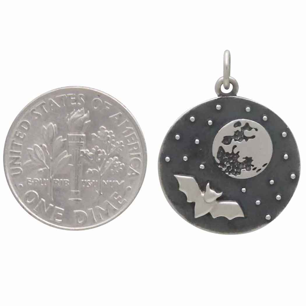 Sterling Silver Full Moon and Bat Charm - Poppies  Jewelry