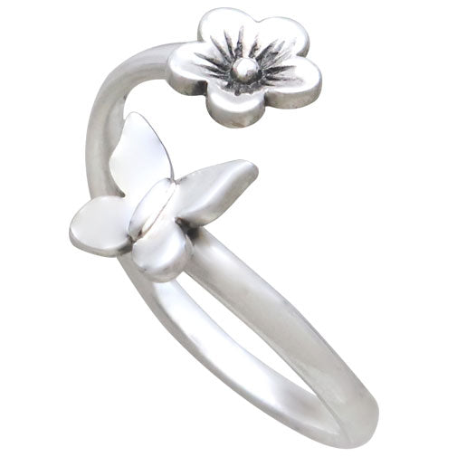 Sterling Silver Butterfly and Flower Adjustable Ring - Poppies Beads n' More