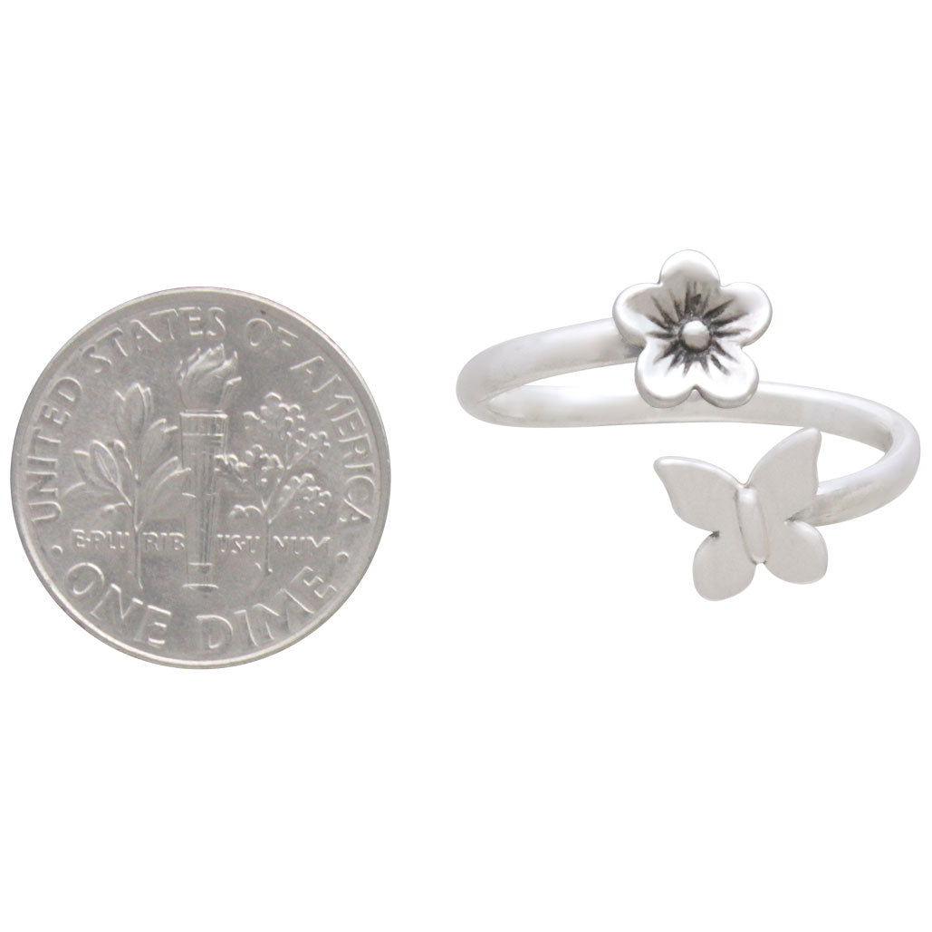 Sterling Silver Butterfly and Flower Adjustable Ring - Poppies Beads n' More