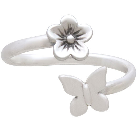 Sterling Silver Butterfly and Flower Adjustable Ring - Poppies Beads n' More