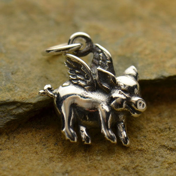 Sterling Silver Flying Pig Charm - Poppies Beads n' More