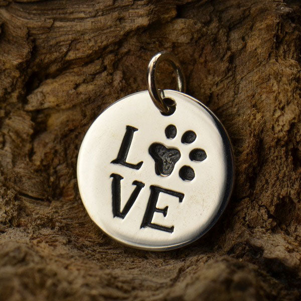 Sterling Silver "LOVE" with Pawprint Disc - Poppies Beads n' More