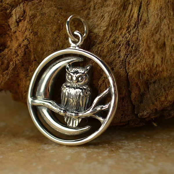 Sterling Silver Owl and Moon Charm - Poppies Beads n' More