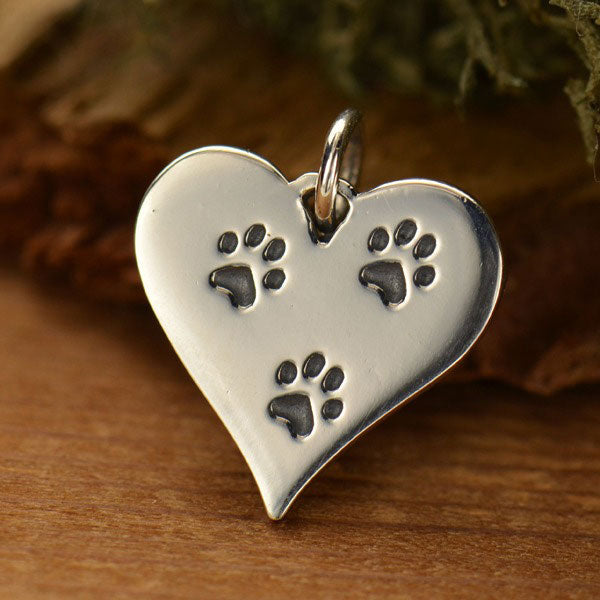 Sterling Silver Paw Prints Heart Charm - Poppies Beads n' More