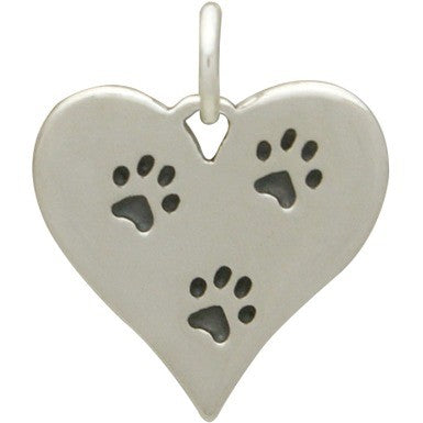 Sterling Silver Paw Prints Heart Charm - Poppies Beads n' More