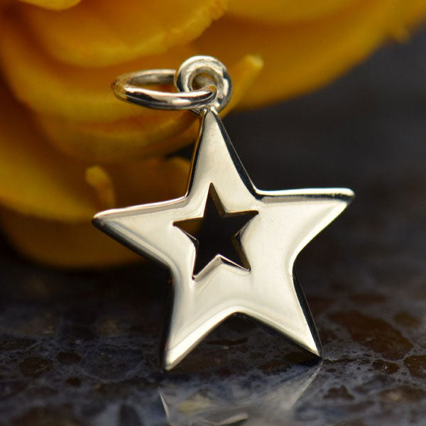 Sterling Silver Star with Star Cutout Charm - Poppies Beads n' More