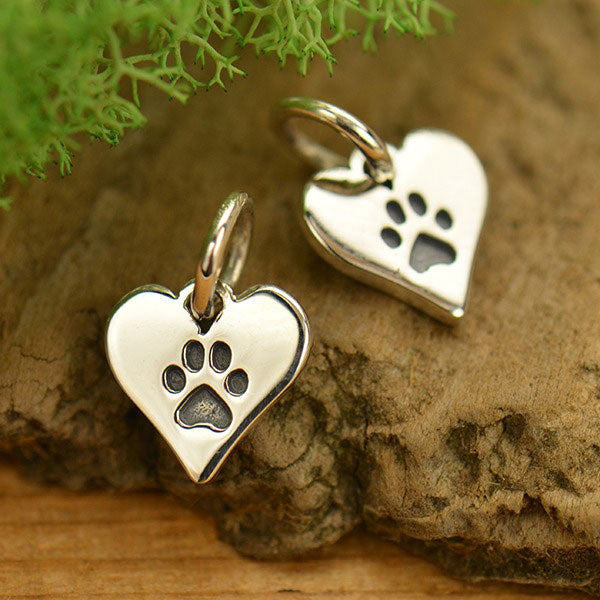 Small Sterling Silver Paw Print Heart Charm - Poppies Beads n' More