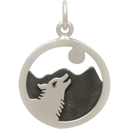 Sterling Silver Wolf Howling at Moon Charm - Poppies Beads n' More