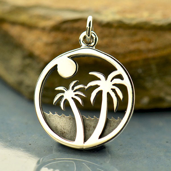 Sterling Silver Palm Tree and Ocean Charm - Poppies Beads n' More