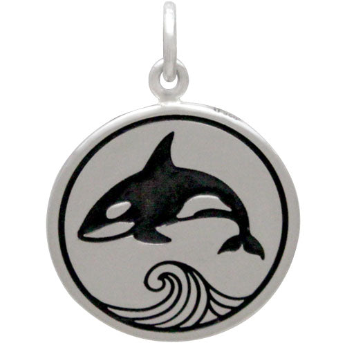 Sterling Silver Killer Whale Charm on a Disk - Poppies Beads n' More