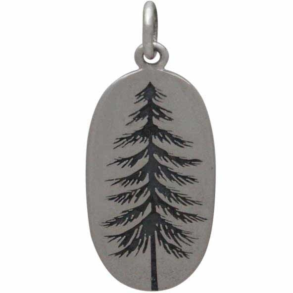 Sterling Silver Pine Tree Charm Etched on an Oval, - Poppies Beads n' More