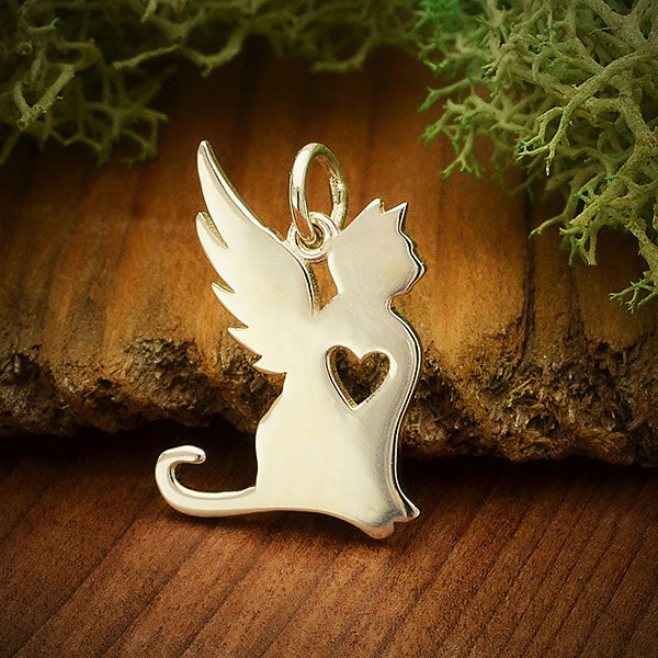 Sterling Silver Angel Cat Charm - Poppies Beads n' More