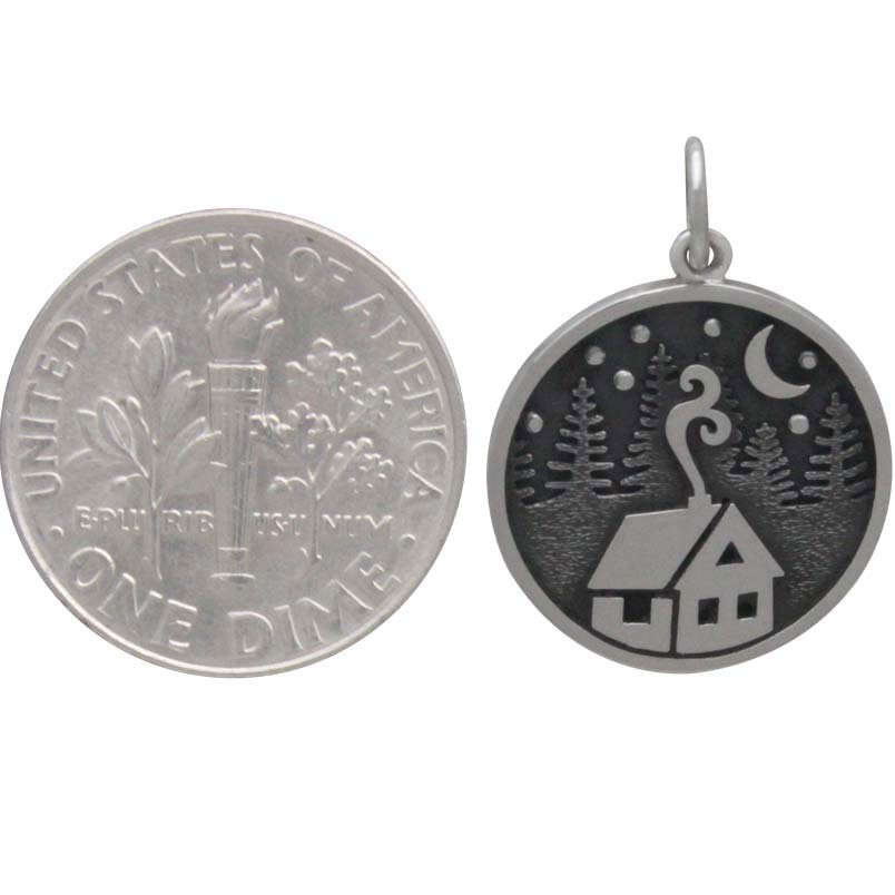 Sterling Silver Cabin Charm with Trees and Moon - Poppies Beads n' More