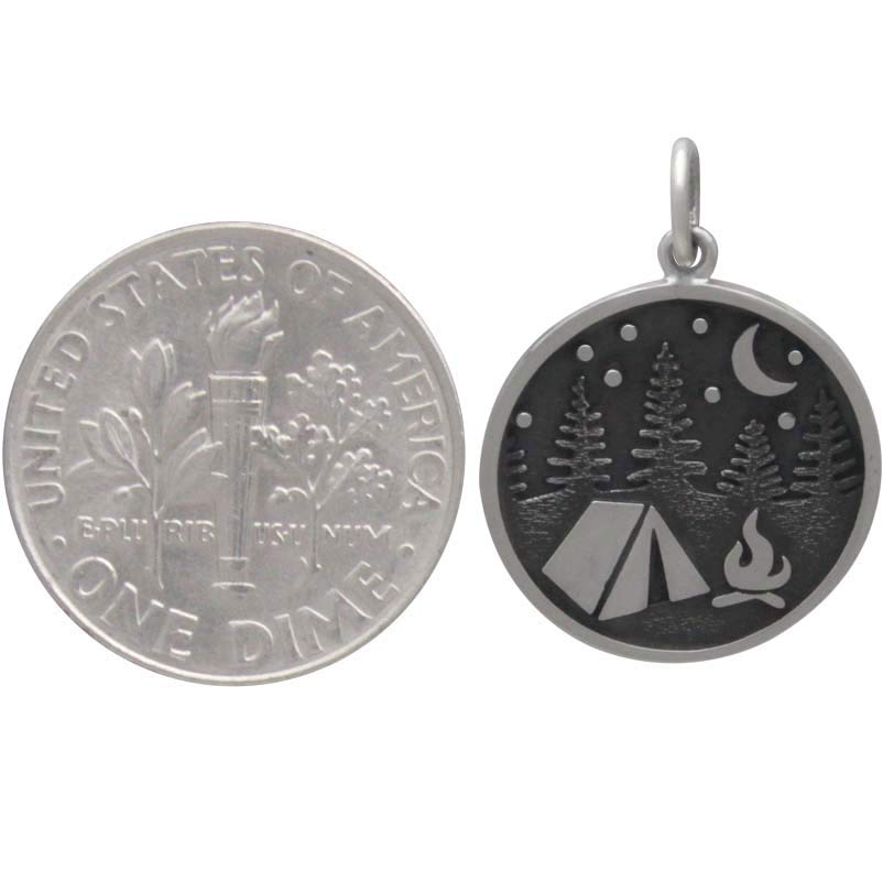 Sterling Silver Camping Charm with Tent and Trees - Poppies Beads n' More