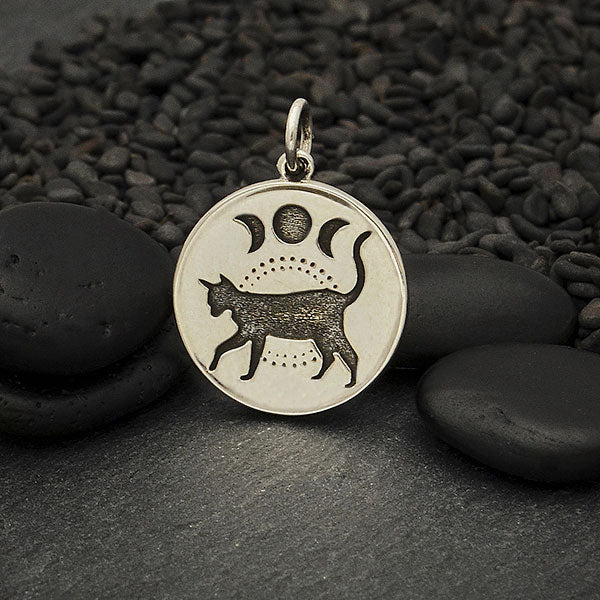 Sterling Silver Black Cat Charm with Moon Phases - Poppies Beads n' More