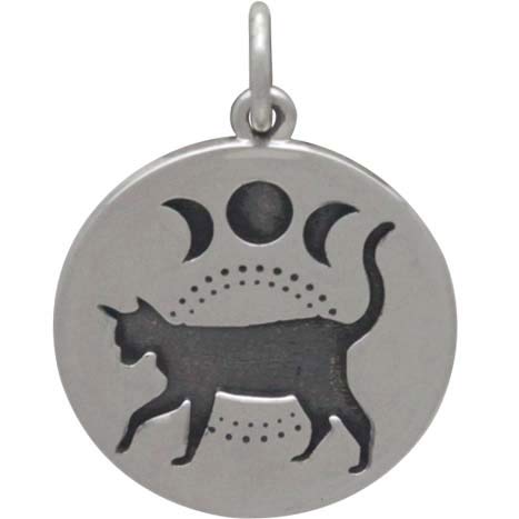 Sterling Silver Black Cat Charm with Moon Phases - Poppies Beads n' More