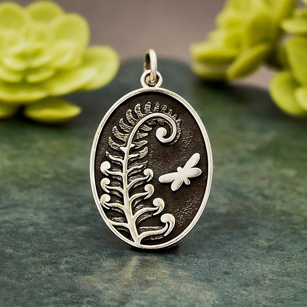 Sterling Silver Fern Charm with Butterfly - Poppies Beads n' More