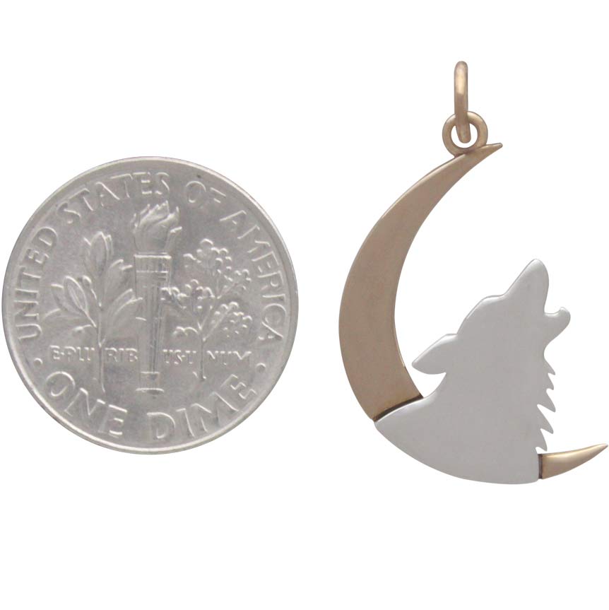 Sterling Silver Howling Wolf Charm with Bronze Moon - Poppies Beads n' More