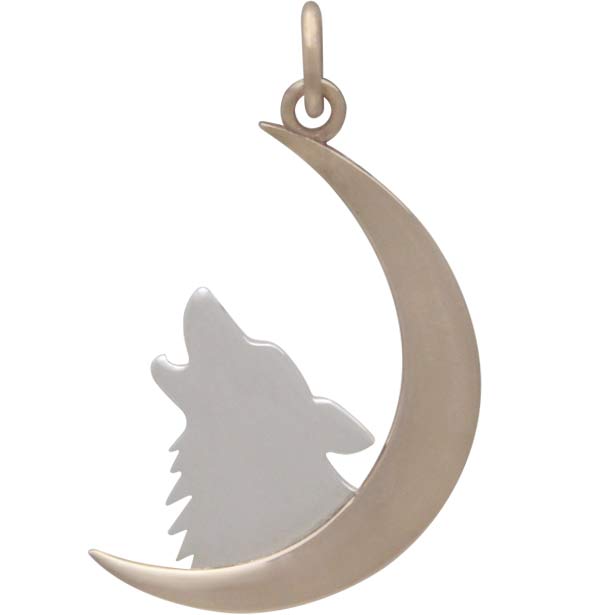 Sterling Silver Howling Wolf Charm with Bronze Moon - Poppies Beads n' More