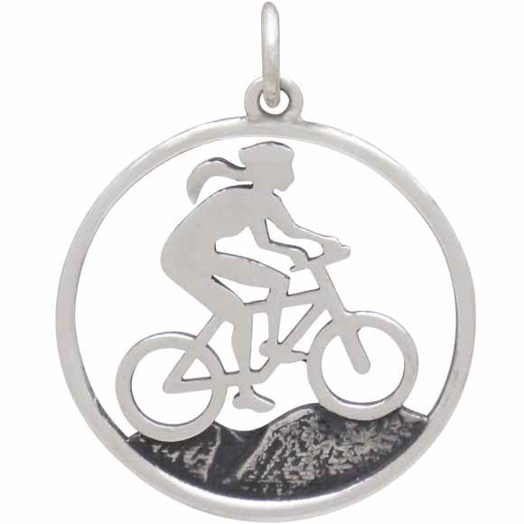 Sterling Silver Mountain Biker Girl Charm - Poppies Beads n' More