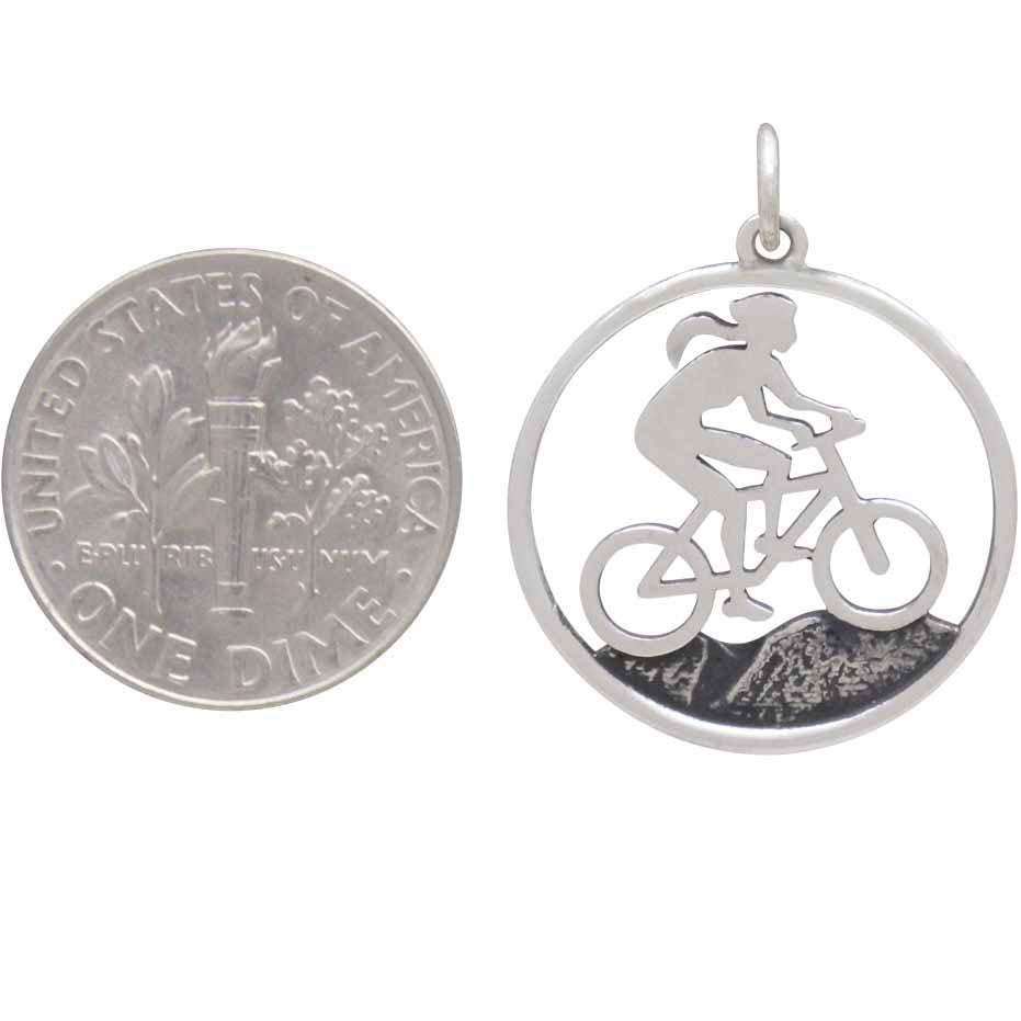 Sterling Silver Mountain Biker Girl Charm - Poppies Beads n' More