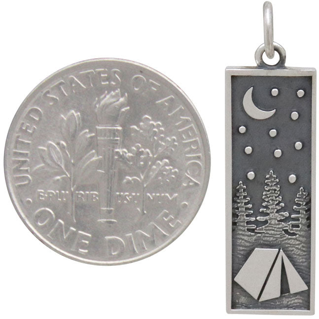 Sterling Silver Rectangle Camping Charm with Tent - Poppies Beads n' More