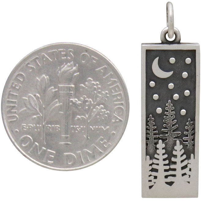 Sterling Silver Rectangle Pine Tree Charm with Moon - Poppies Beads n' More