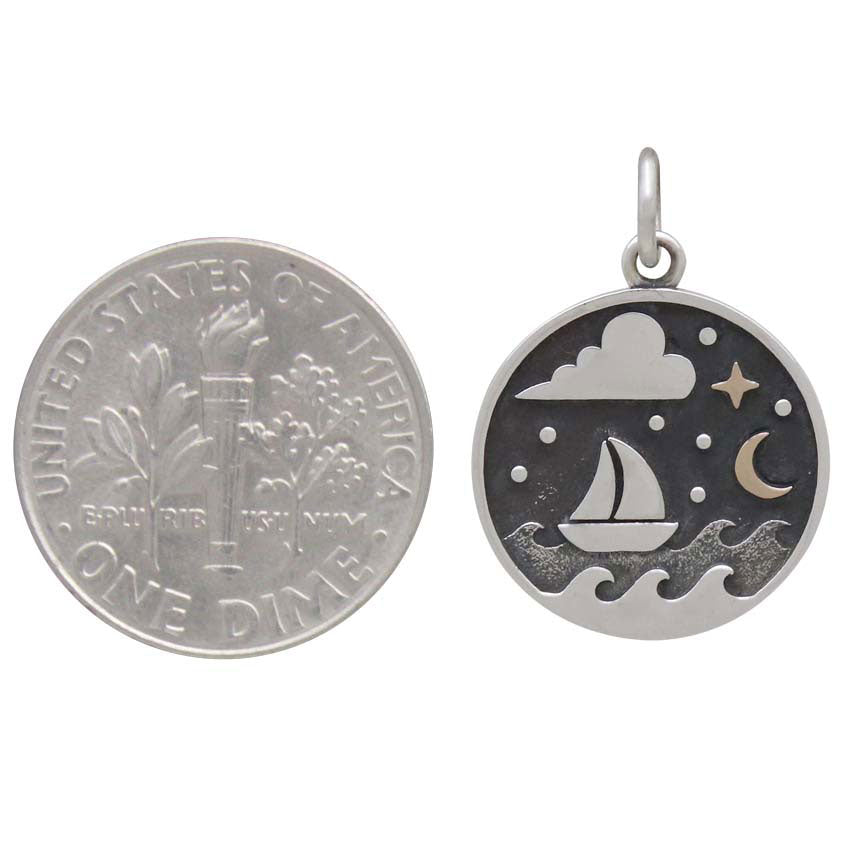 Silver Sailboat Charm with Bronze Star and Moon - Poppies Beads n' More