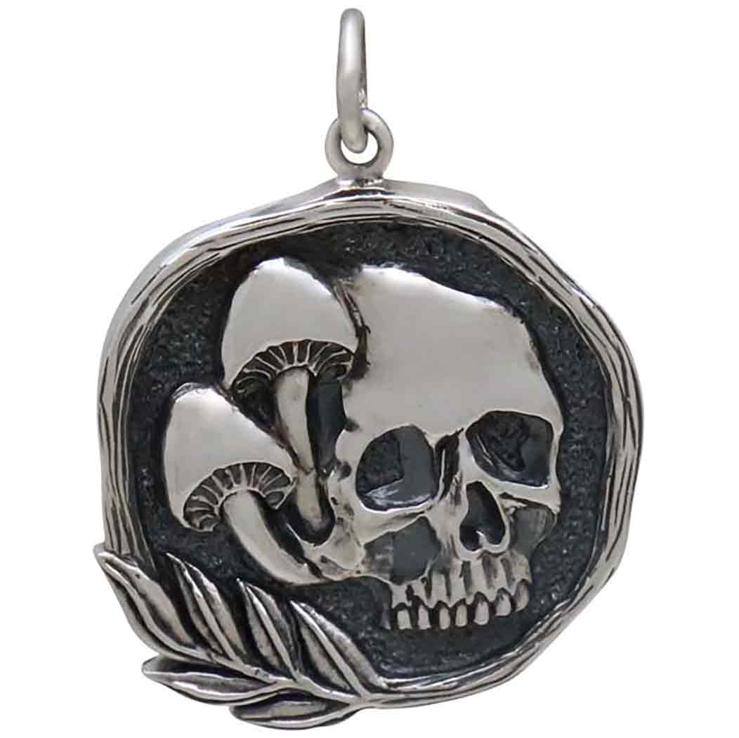 Sterling Silver Skull with Mushrooms Pendant - Poppies Beads n' More