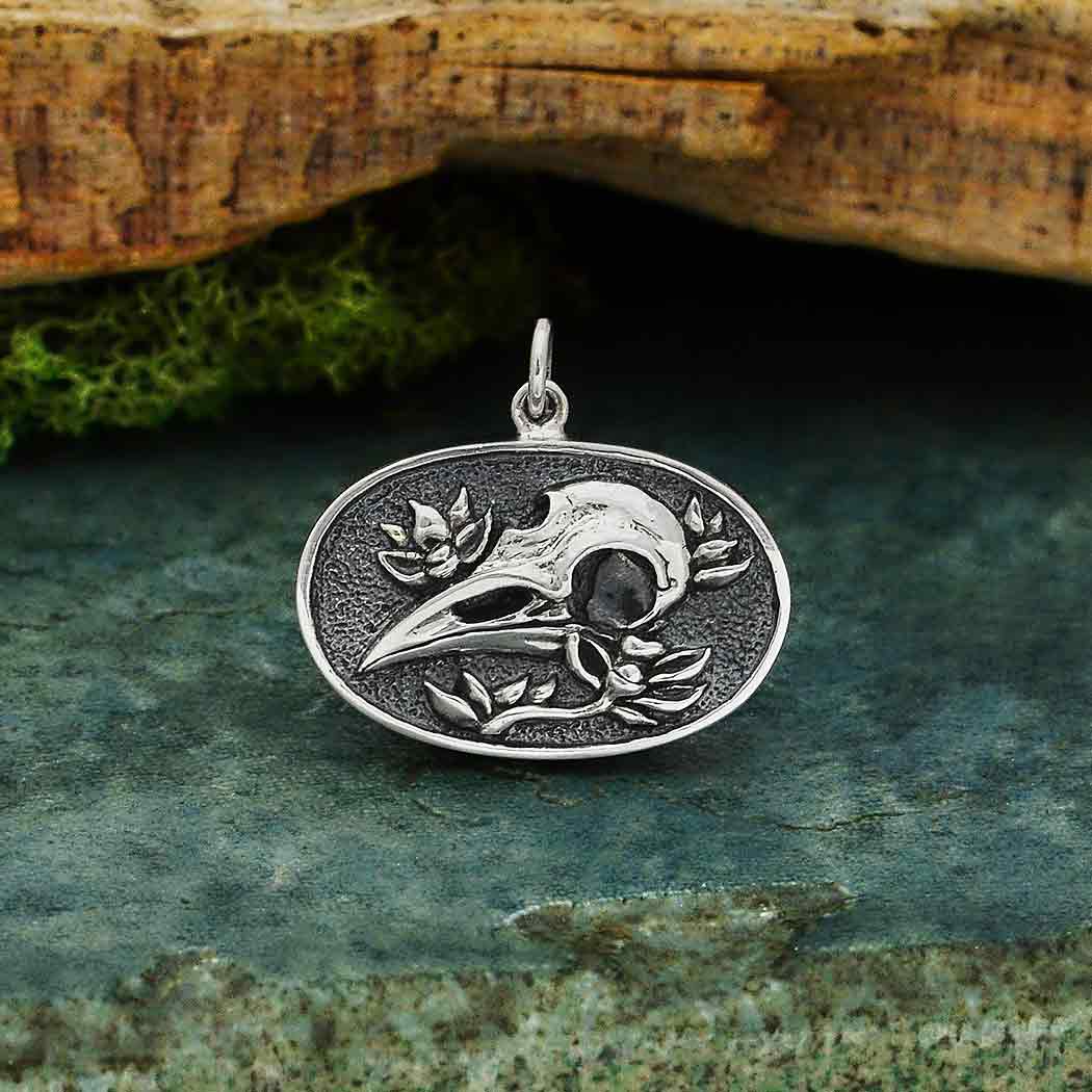 Sterling Silver Flower and Raven Skull Pendant - Poppies Beads n' More