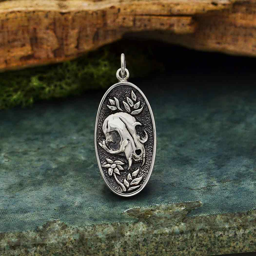 Sterling Silver Flower and Cat Skull Pendant - Poppies Beads n' More