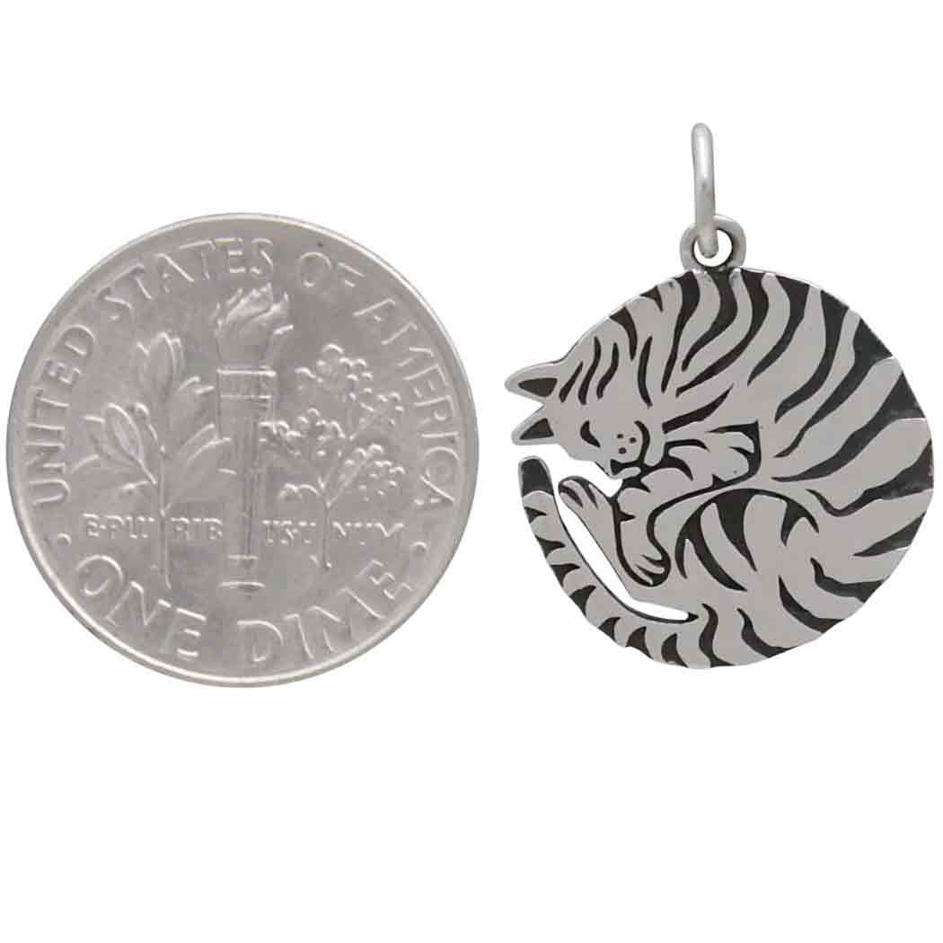 Sterling Silver Curled Cat Charm - Poppies Beads n' More