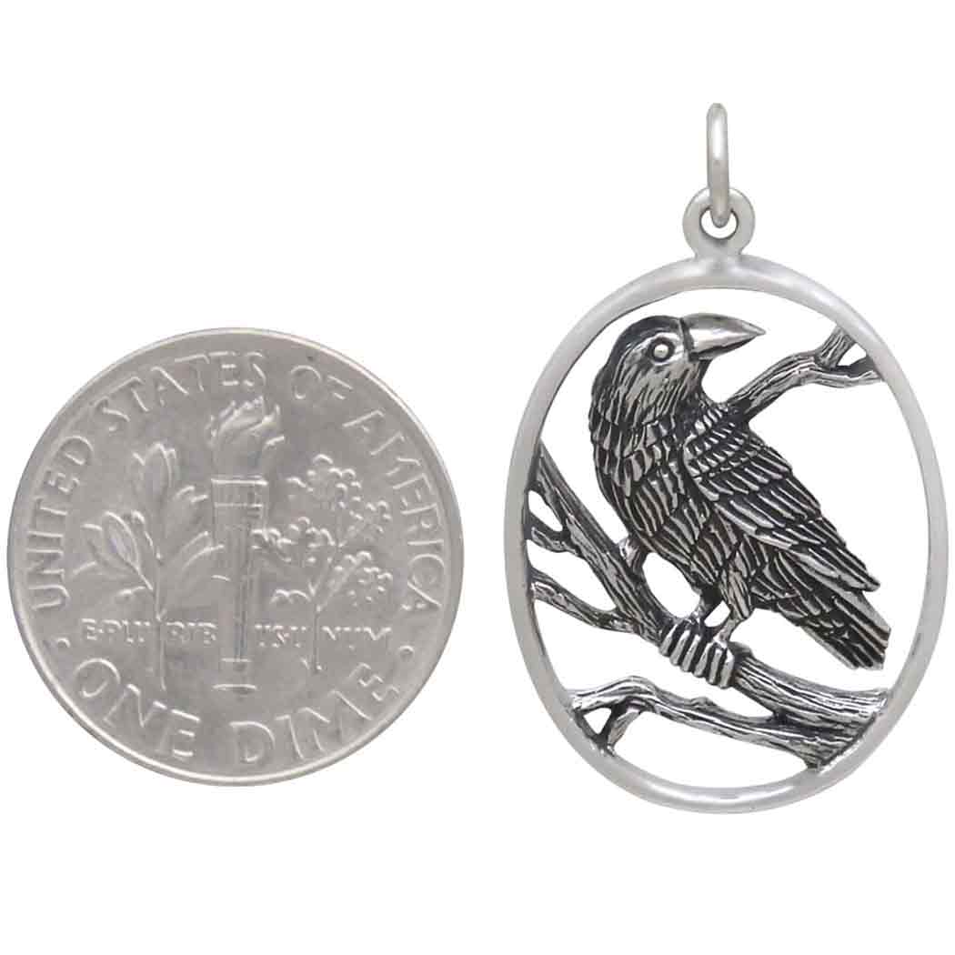 Sterling Silver Raven Pendant in Oval Frame - Poppies Beads n' More