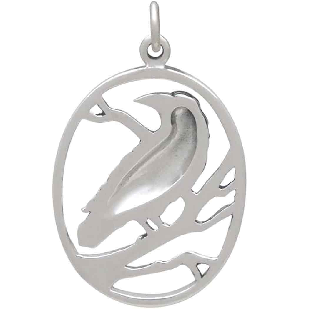 Sterling Silver Raven Pendant in Oval Frame - Poppies Beads n' More