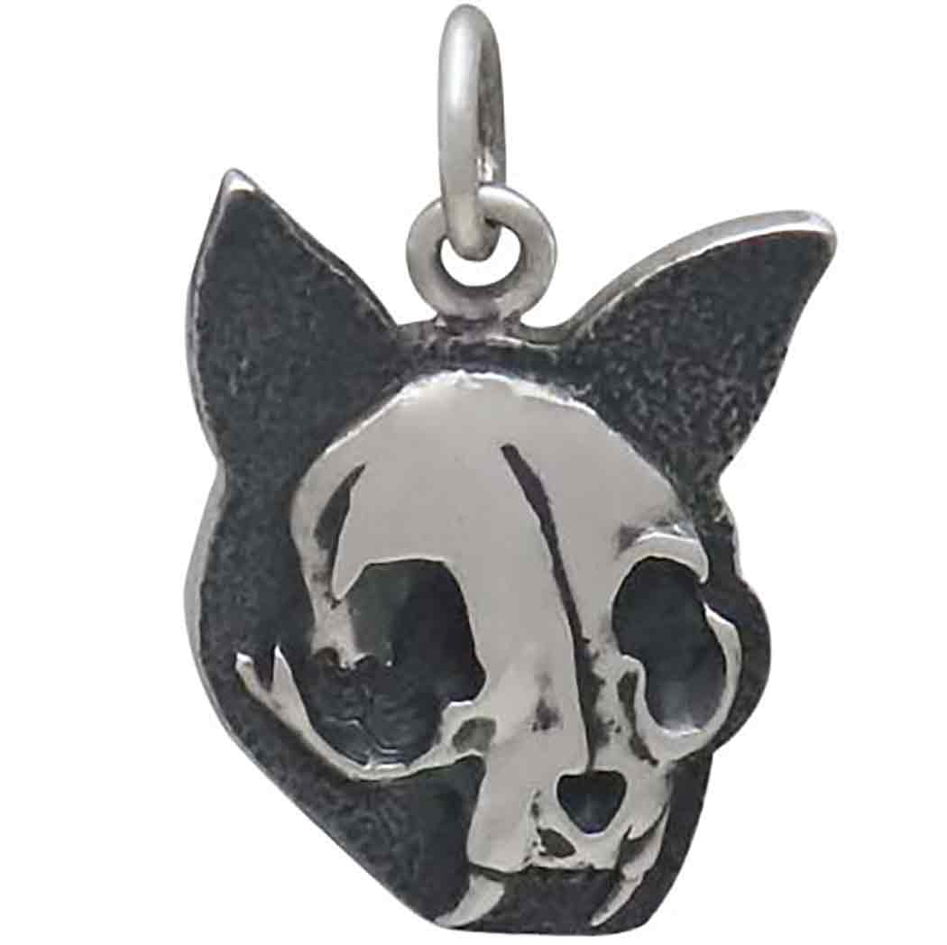 Sterling Silver Flat Cat Skull Charm - Poppies Beads n' More