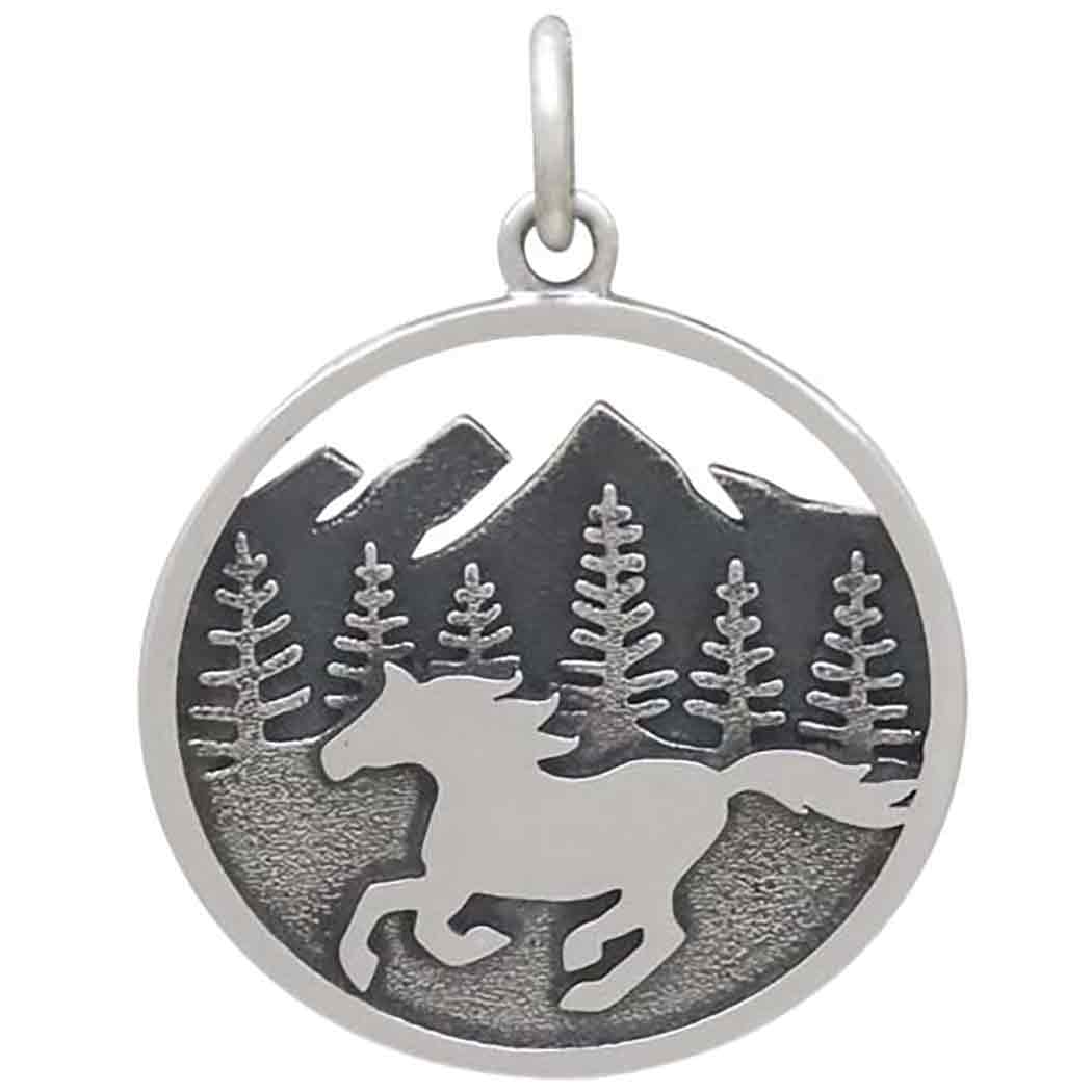 Sterling Silver Horse Running in Mountains Pendant - Poppies Beads n' More