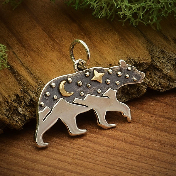 Sterling Silver Bear Charm with Mountains and Bronze Moon - Poppies Beads n' More