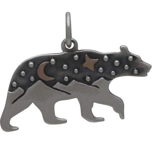 Sterling Silver Bear Charm with Mountains and Bronze Moon - Poppies Beads n' More