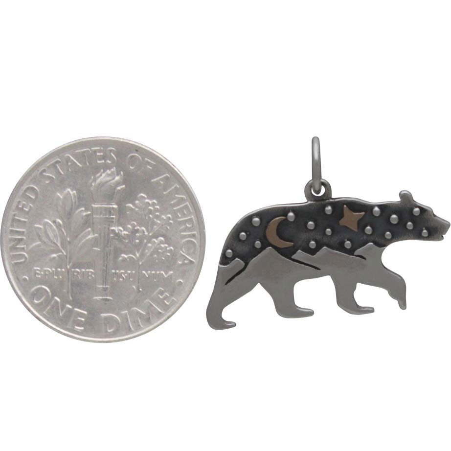 Sterling Silver Bear Charm with Mountains and Bronze Moon - Poppies Beads n' More